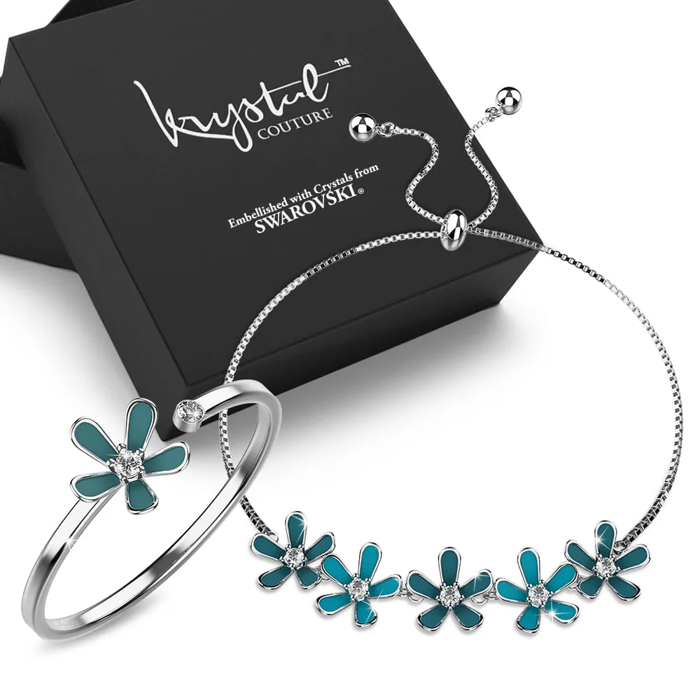 Boxed Petalia Turquoise Blue Ring and Bracelet Featured SWAROVSKI Crystals in White Gold
