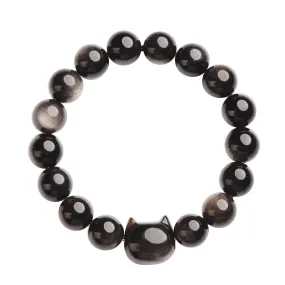 Cat Head Silver Obsidian Bracelet - Sterling Silver Lovers' Jewelry
