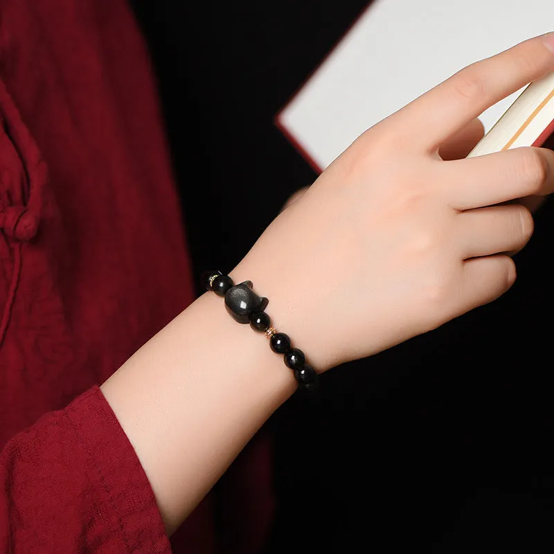 Cat Head Silver Obsidian Bracelet - Sterling Silver Lovers' Jewelry