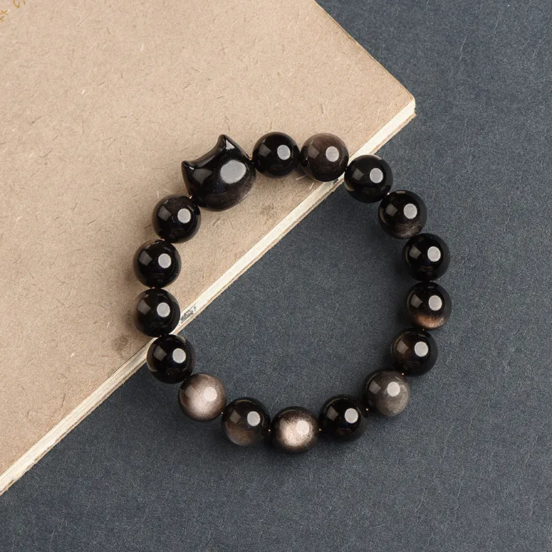 Cat Head Silver Obsidian Bracelet - Sterling Silver Lovers' Jewelry