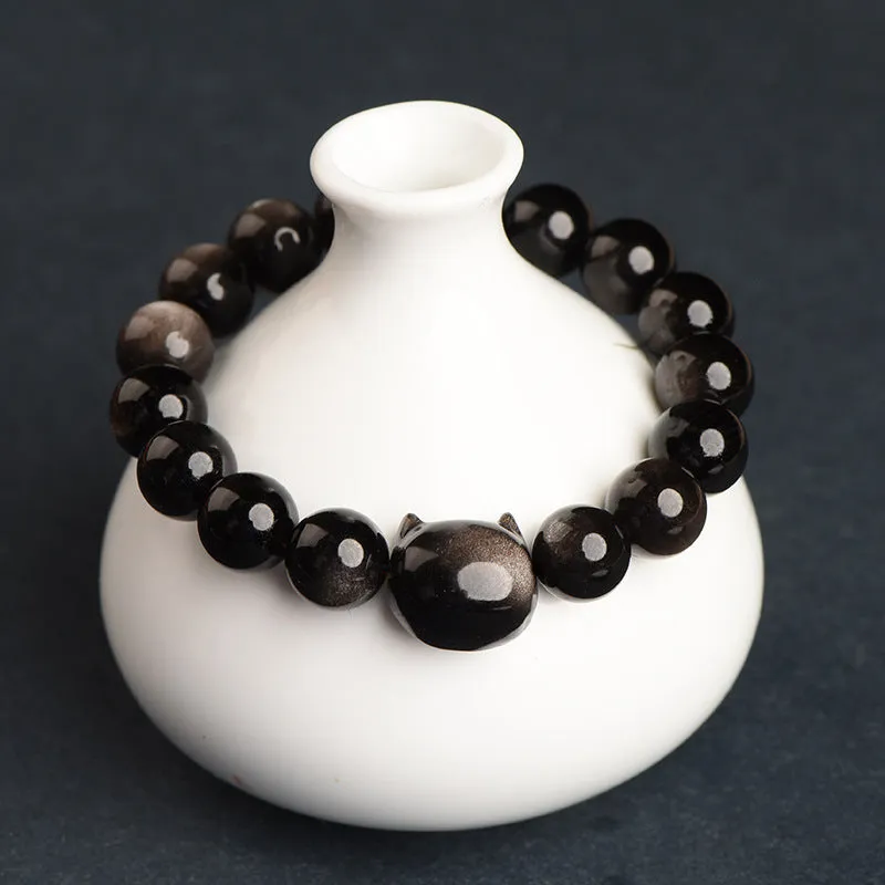 Cat Head Silver Obsidian Bracelet - Sterling Silver Lovers' Jewelry