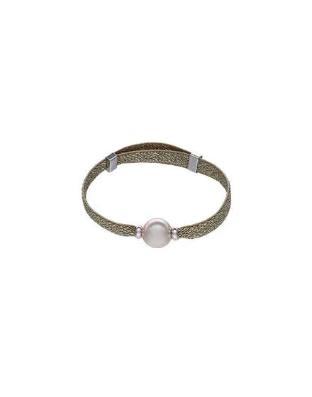 Circa Adjustable green elastic bracelet of silver threads with Simulated Organic White Round Pearl of 10mm