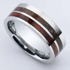 Cobalt Wedding Ring with Koa Wood and Fossilized Dinosaur Bone Flat 8mm