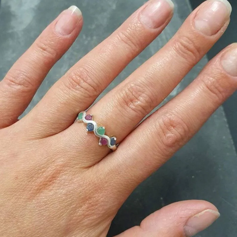 Colorful Multistone Band - Emerald Ruby Sapphire Ring, Half Eternity Ring
