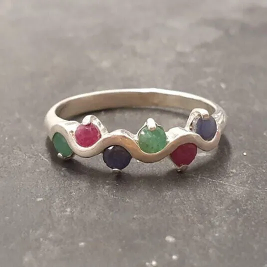 Colorful Multistone Band - Emerald Ruby Sapphire Ring, Half Eternity Ring