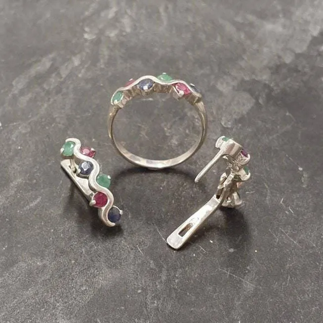 Colorful Multistone Band - Emerald Ruby Sapphire Ring, Half Eternity Ring