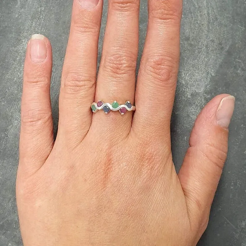 Colorful Multistone Band - Emerald Ruby Sapphire Ring, Half Eternity Ring