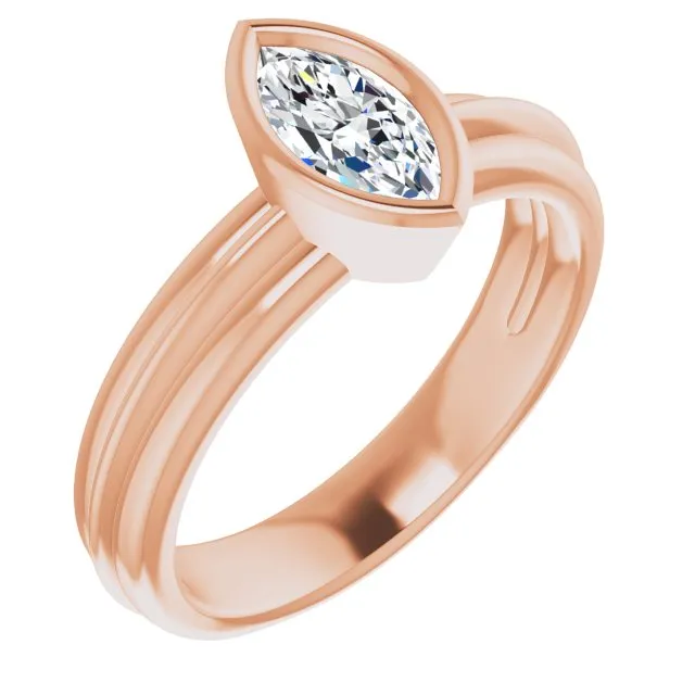 Cubic Zirconia Engagement Ring- The Aretha (Customizable Bezel-set Marquise Cut Solitaire with Grooved Band)