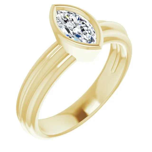 Cubic Zirconia Engagement Ring- The Aretha (Customizable Bezel-set Marquise Cut Solitaire with Grooved Band)