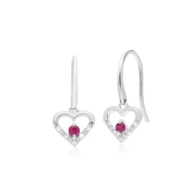 Damen 9 Karat Weiss Gold Einzeln Rubin & Diamant Herzen Tropfen Ohrringe