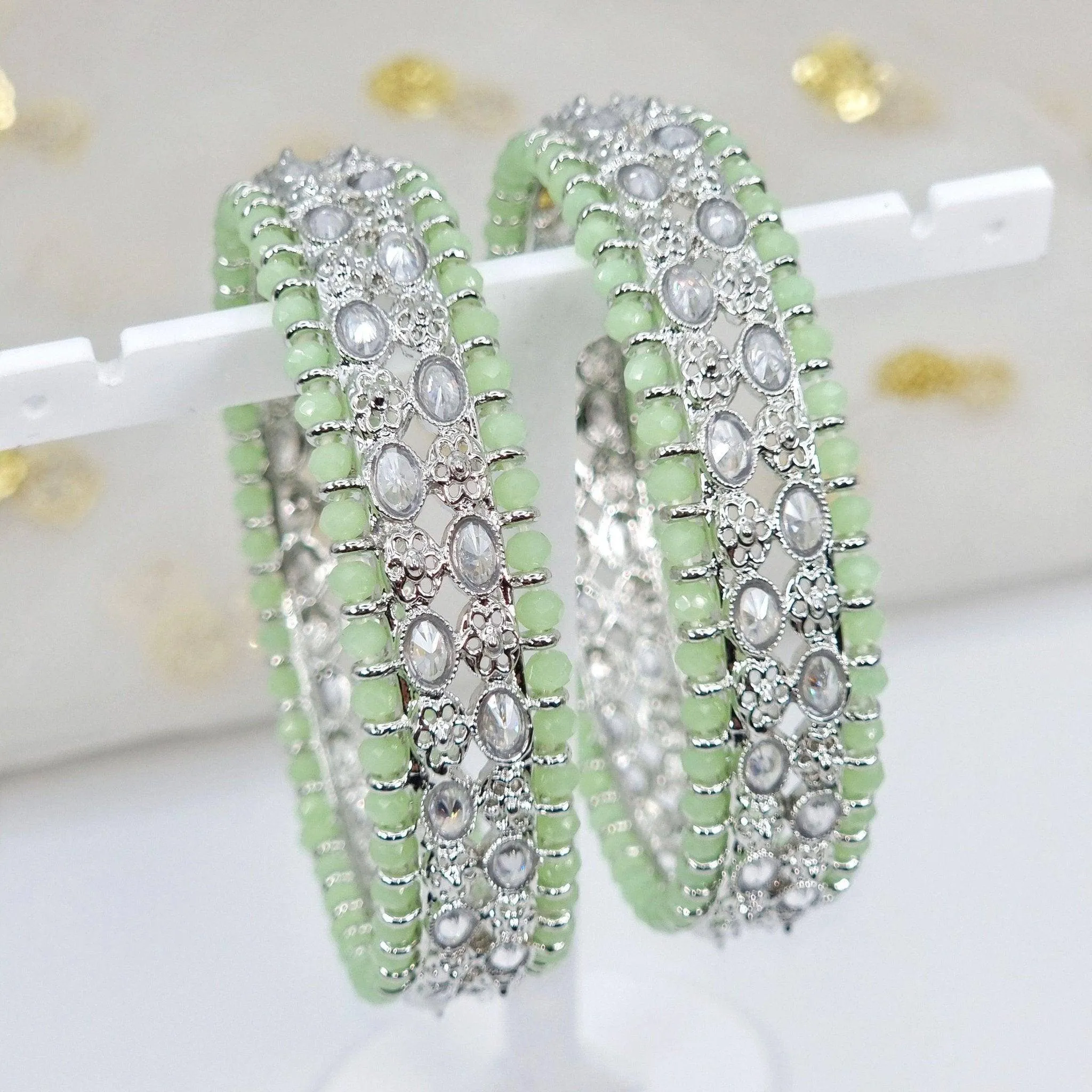 DANIAA- Pair of Silver Mint Polki Kangan