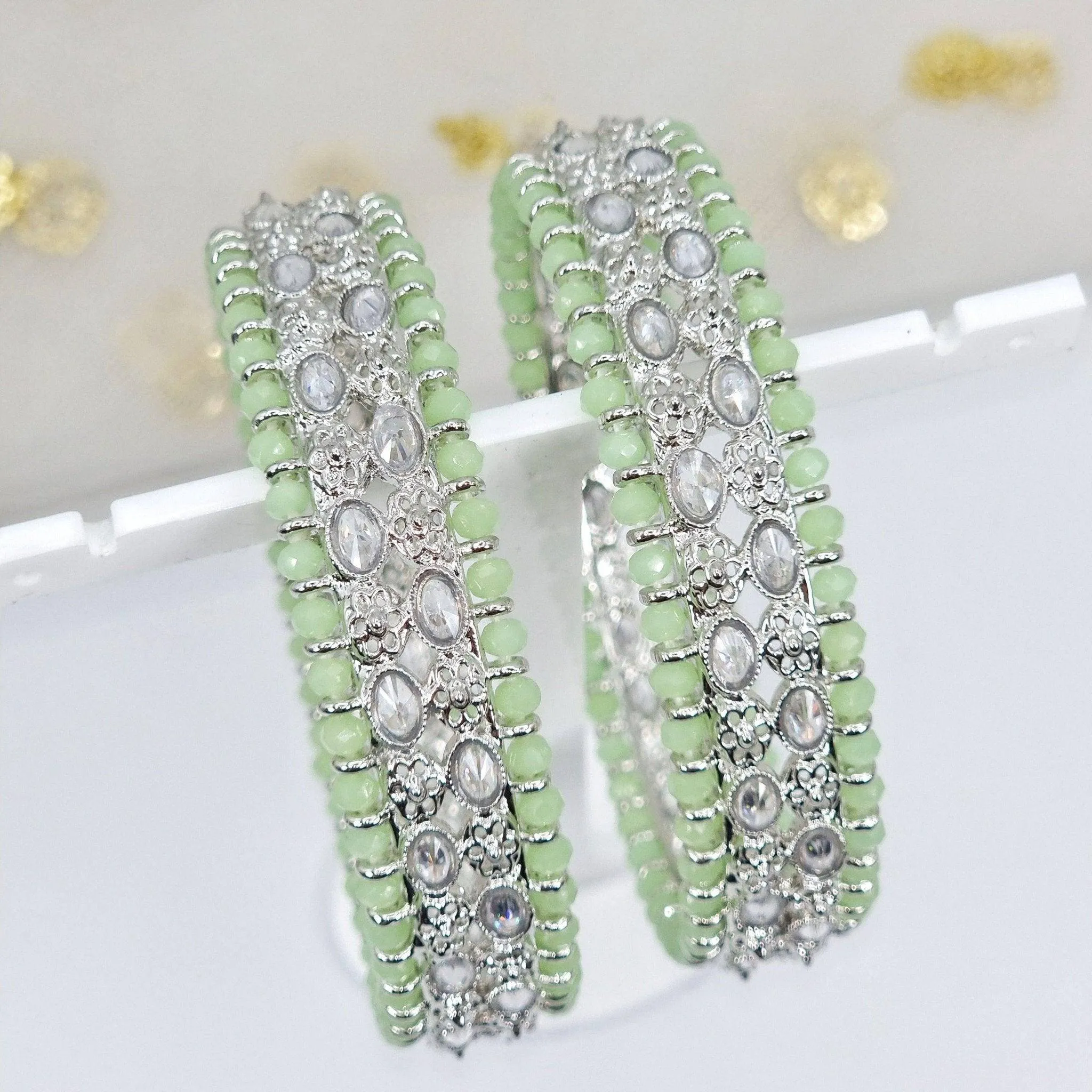 DANIAA- Pair of Silver Mint Polki Kangan