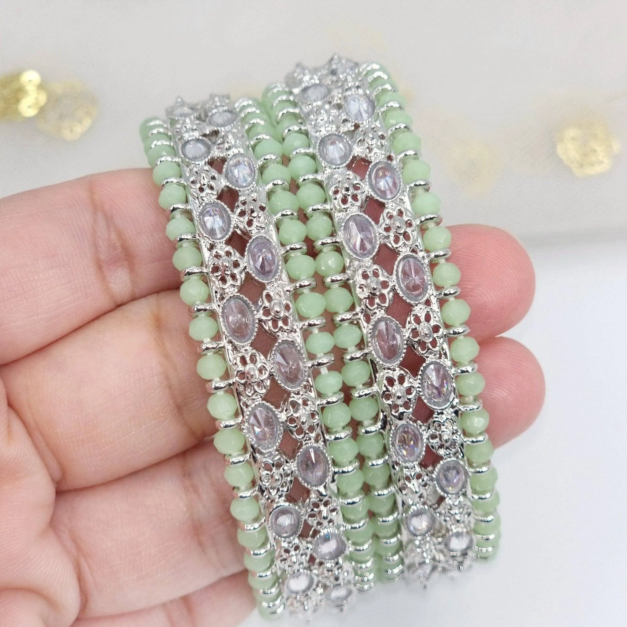 DANIAA- Pair of Silver Mint Polki Kangan