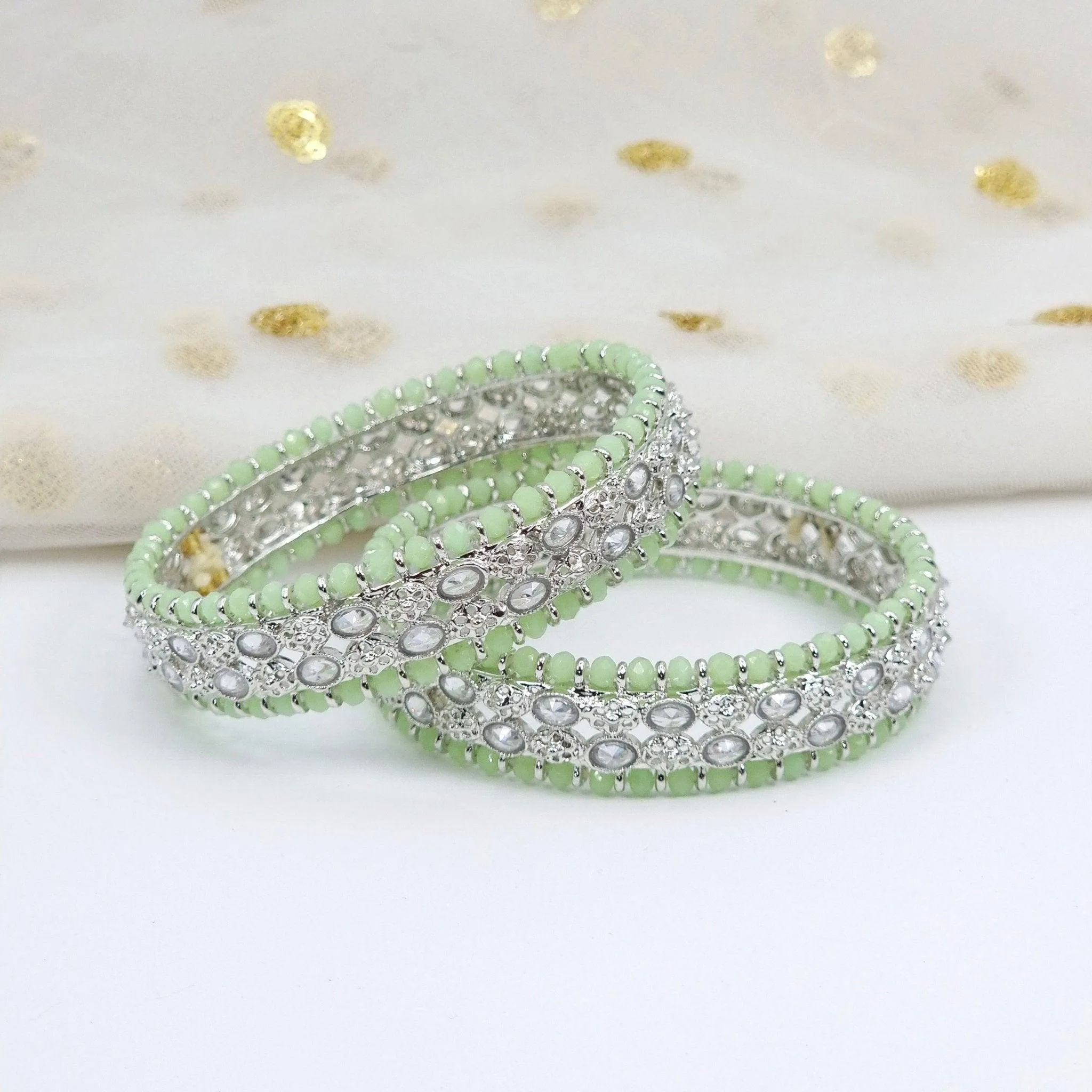 DANIAA- Pair of Silver Mint Polki Kangan