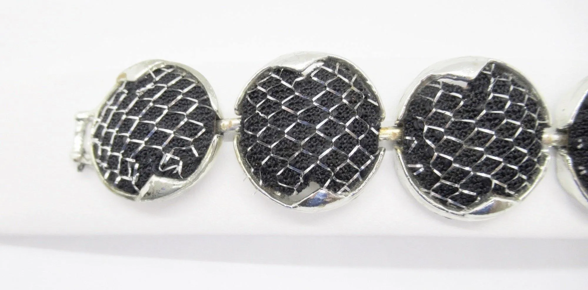 Dramatic Vintage Silver Mesh and Black Panels Bracelet