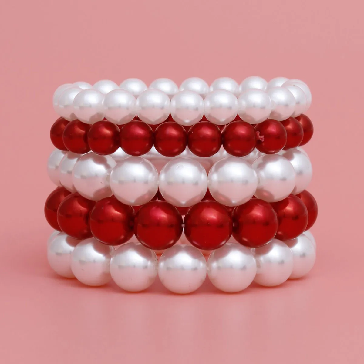 DST Red White Pearl Stretch 5 Pcs Bracelets Women
