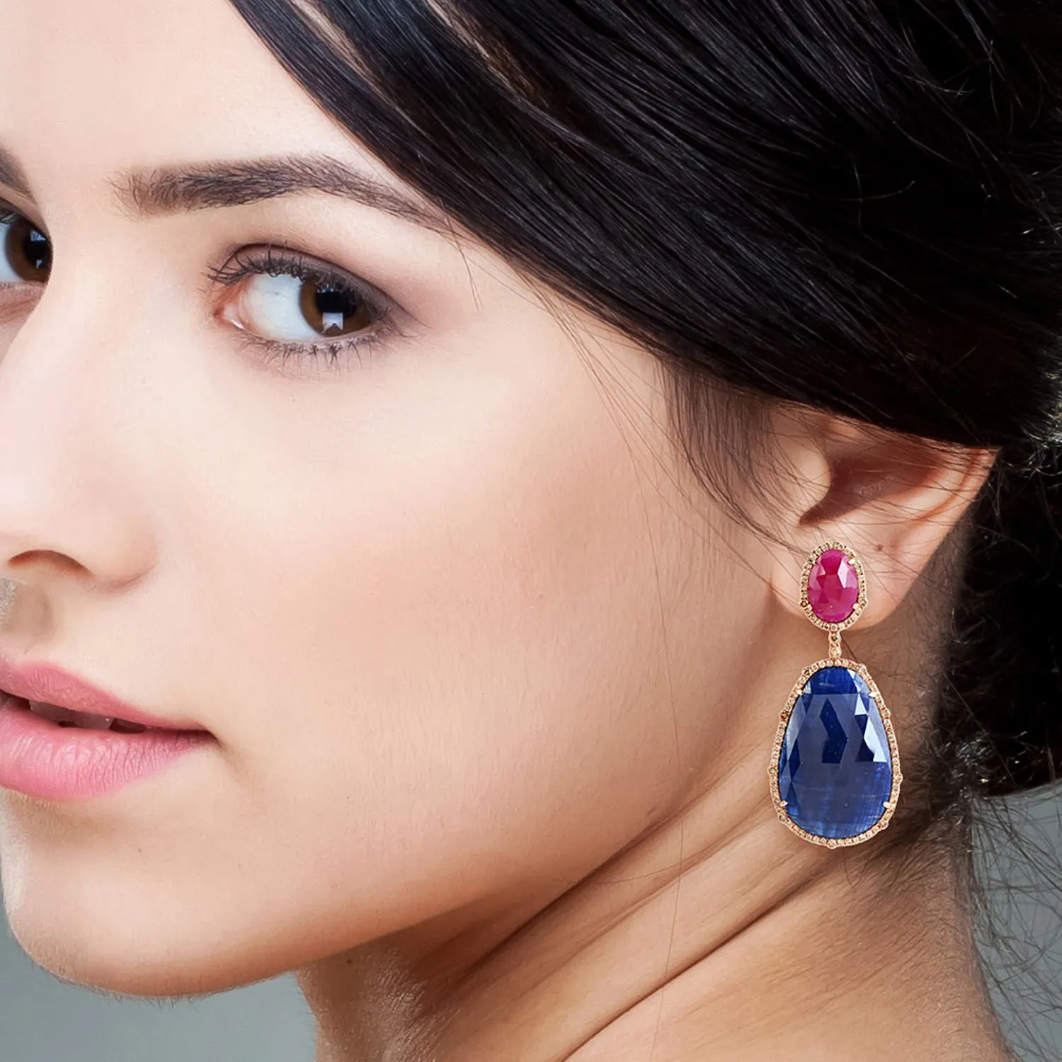 Egg Shape Ruby Blue Sapphire Pave Diamond Drop Danglers In 18k Rose Gold For Women