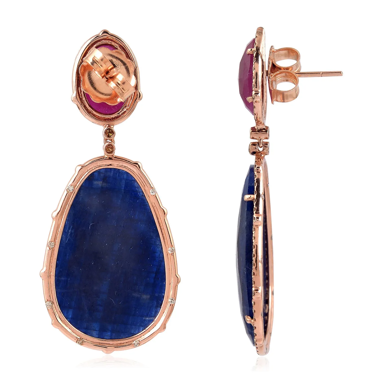Egg Shape Ruby Blue Sapphire Pave Diamond Drop Danglers In 18k Rose Gold For Women