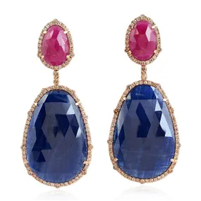 Egg Shape Ruby Blue Sapphire Pave Diamond Drop Danglers In 18k Rose Gold For Women