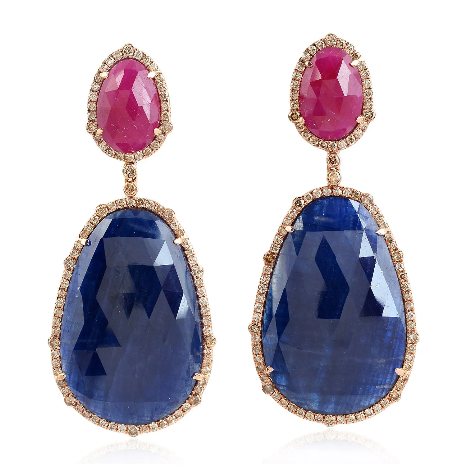 Egg Shape Ruby Blue Sapphire Pave Diamond Drop Danglers In 18k Rose Gold For Women