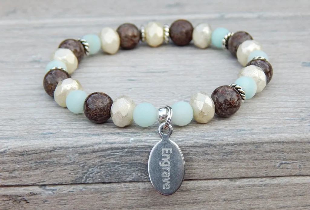 Engraved Bracelet - Brown with Blue Amazonite - Beaded Jewelry