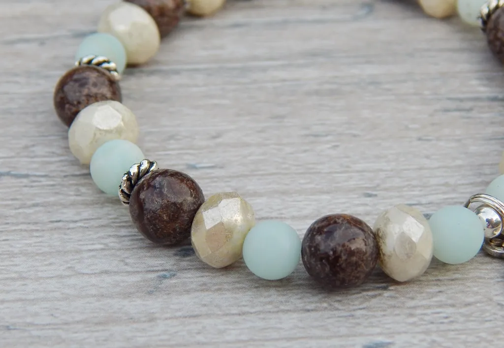 Engraved Bracelet - Brown with Blue Amazonite - Beaded Jewelry