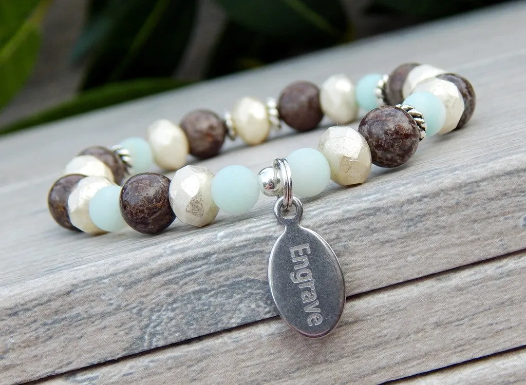 Engraved Bracelet - Brown with Blue Amazonite - Beaded Jewelry