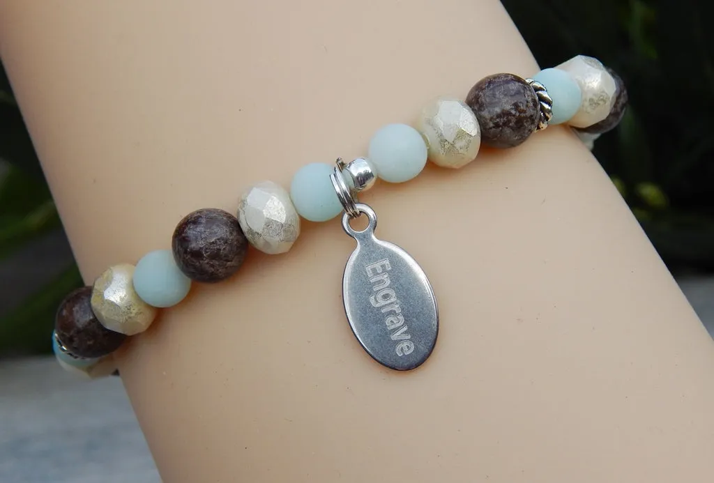 Engraved Bracelet - Brown with Blue Amazonite - Beaded Jewelry