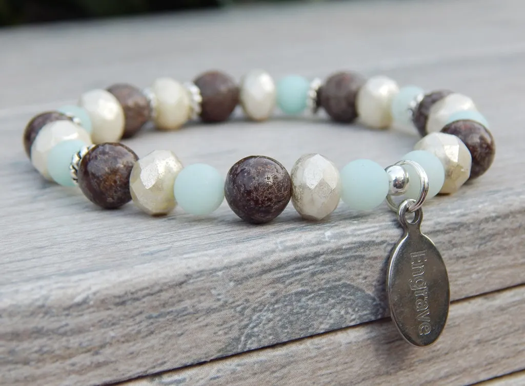 Engraved Bracelet - Brown with Blue Amazonite - Beaded Jewelry