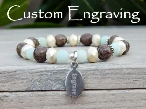 Engraved Bracelet - Brown with Blue Amazonite - Beaded Jewelry