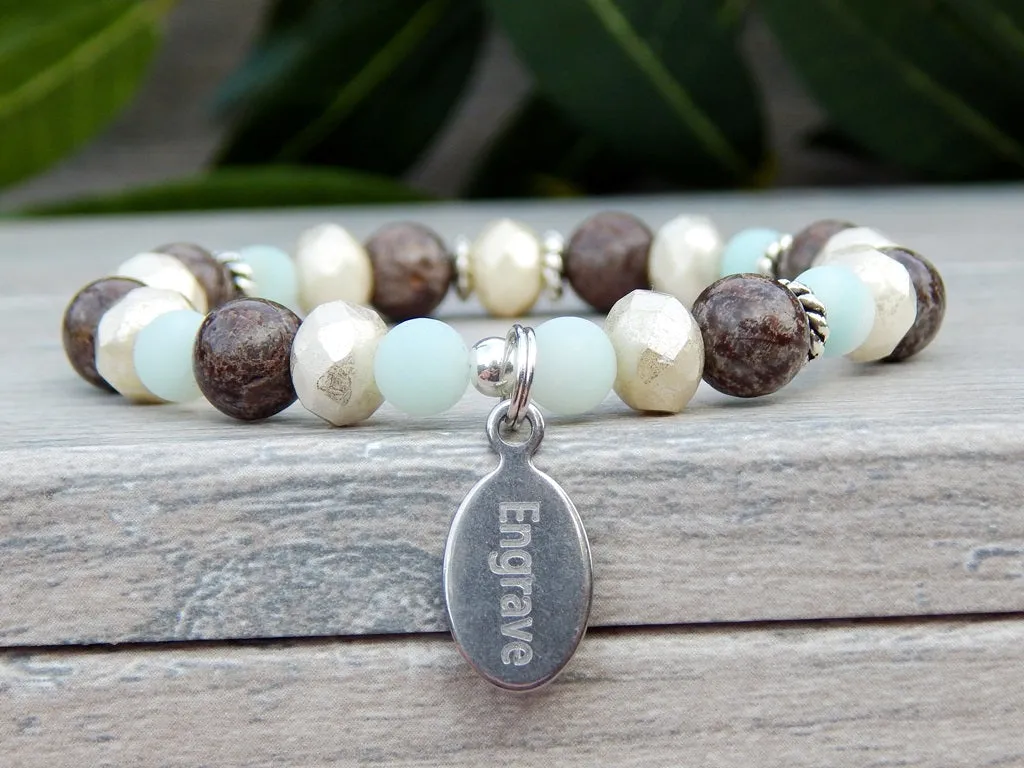 Engraved Bracelet - Brown with Blue Amazonite - Beaded Jewelry