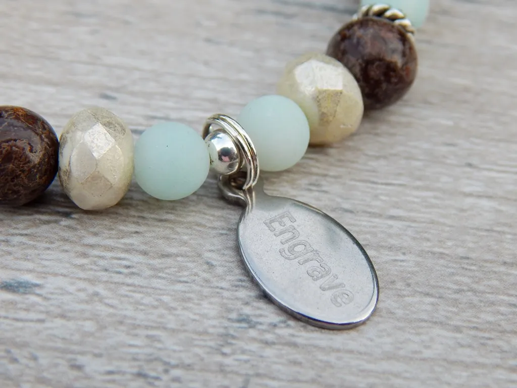 Engraved Bracelet - Brown with Blue Amazonite - Beaded Jewelry