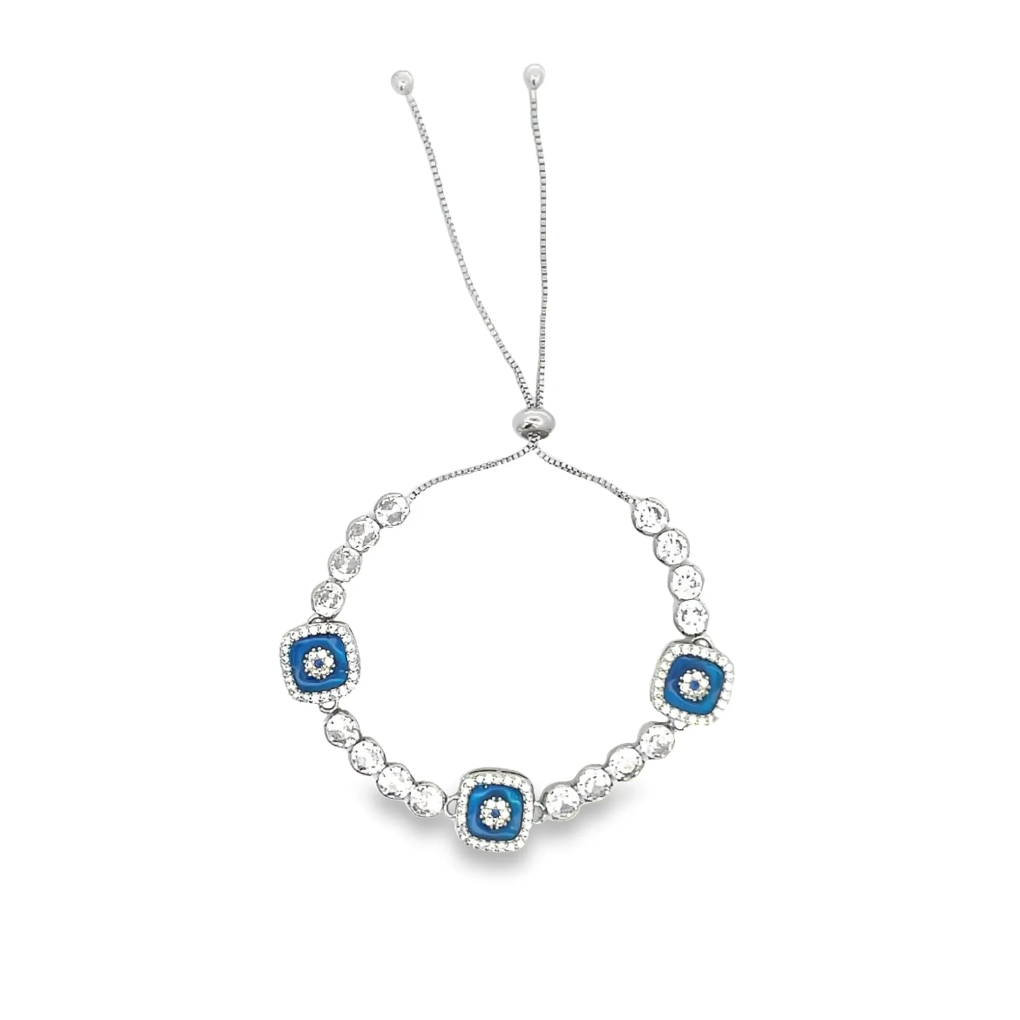 Evil Eye Adjustable Bracelet With Round Clear CZ Stones (I377)