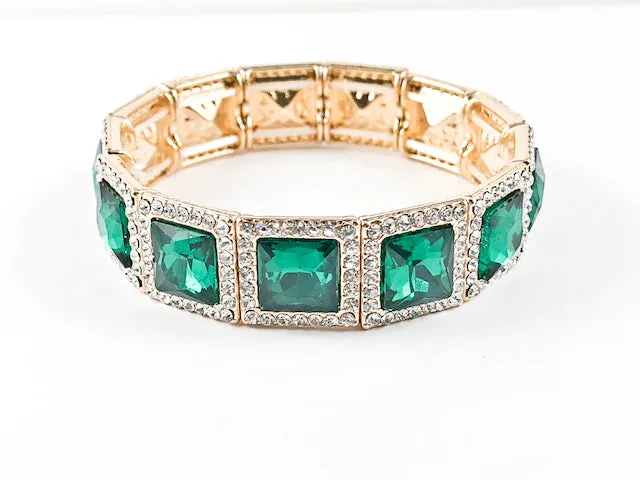 Fancy Elegant Square Shape Emerald Green Gold Tone Stretch Fashion Bracelet