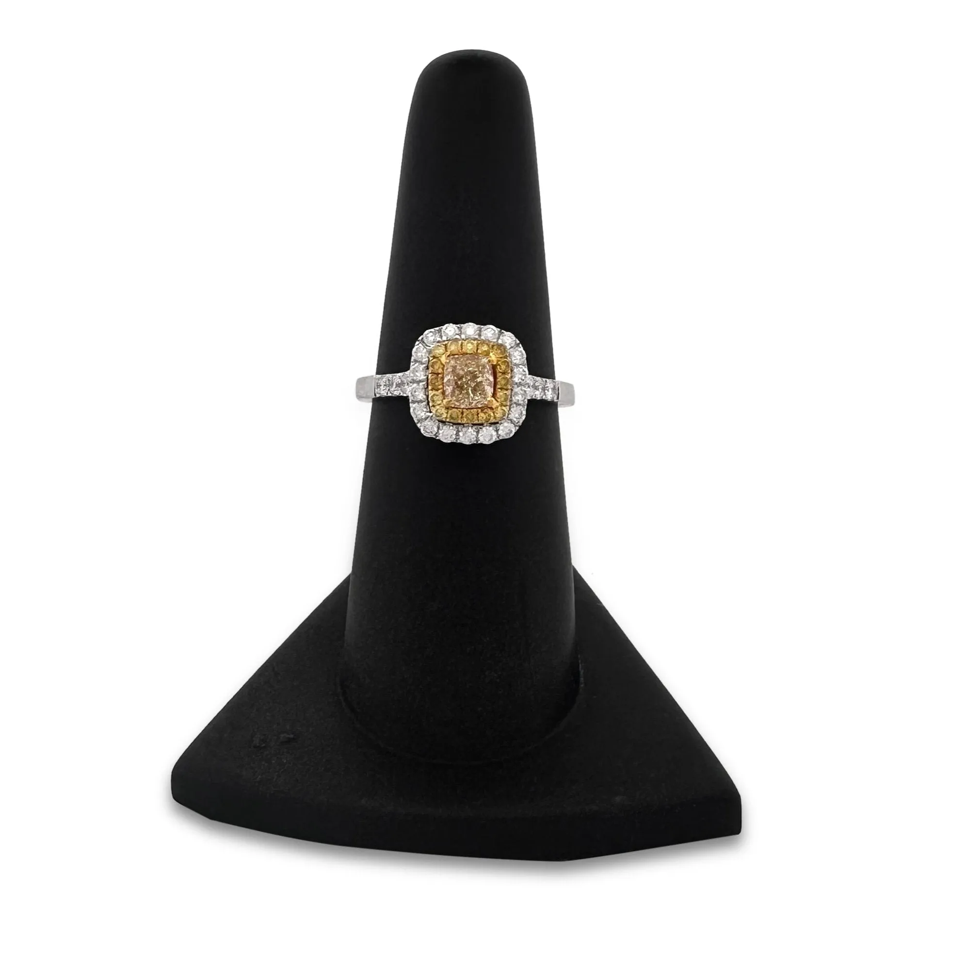 Fancy Yellow Cushion Cut Diamond Double Halo Engagement Ring in 18k Two-tone Gold