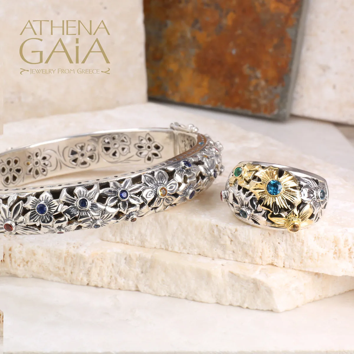 Flower Field Gemstone Bangle Bracelet