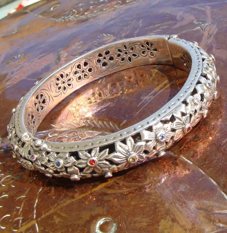Flower Field Gemstone Bangle Bracelet