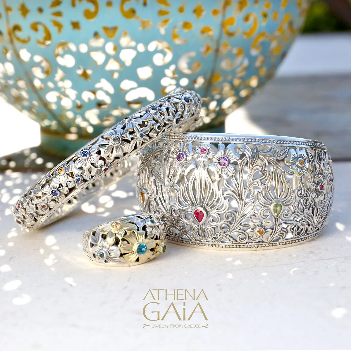 Flower Field Gemstone Bangle Bracelet