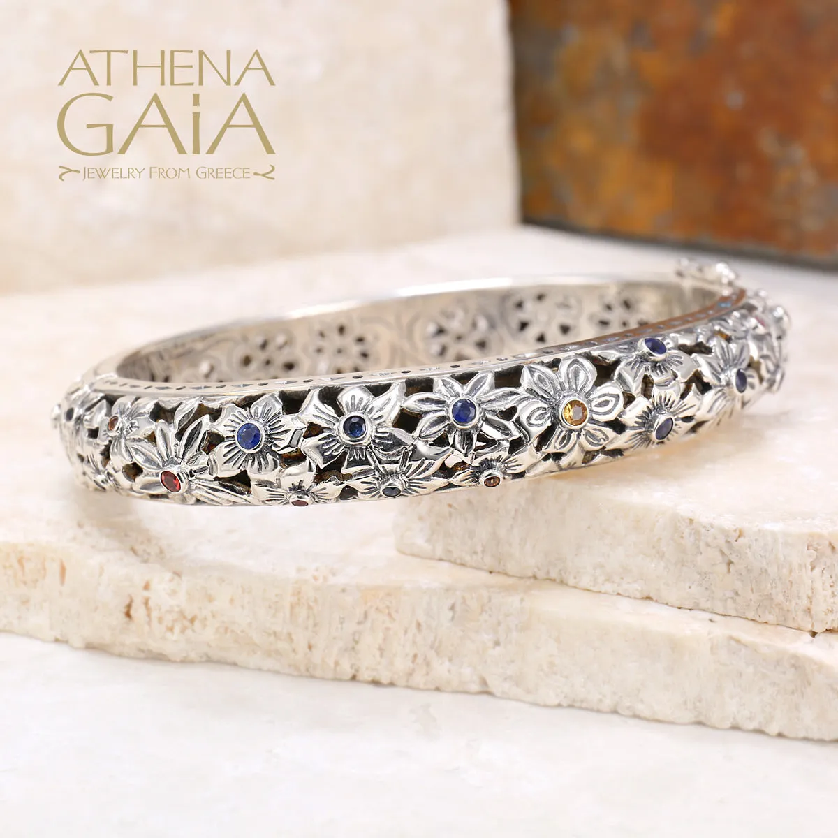 Flower Field Gemstone Bangle Bracelet