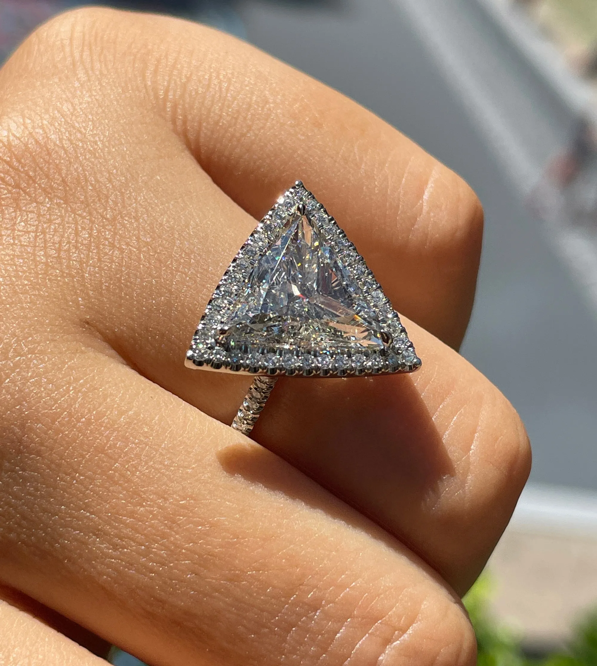 GIA 4.02ctw Trillion Diamond Engagement Halo Pave Platinum Ring