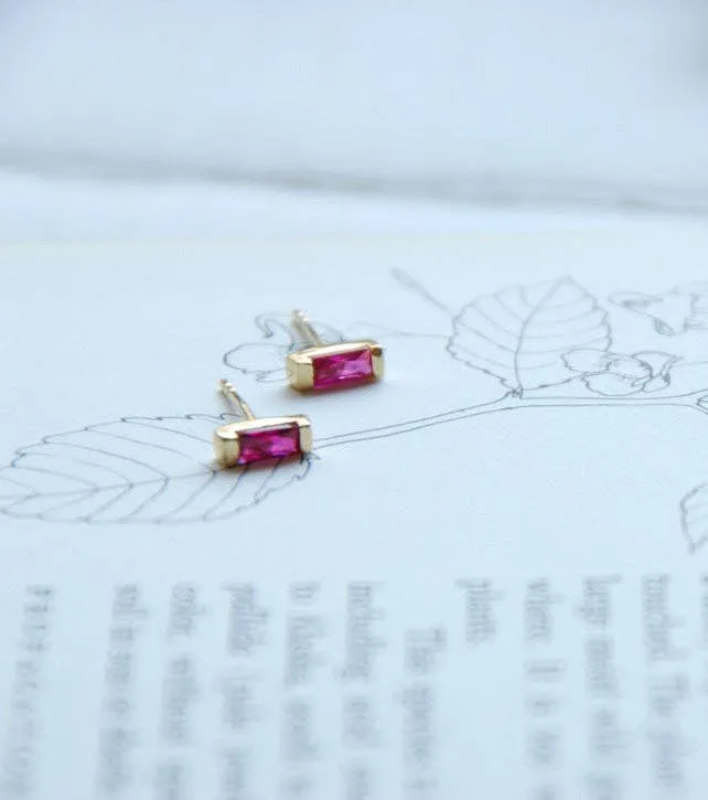 Gold Baguette Stone Stud Earrings: Ruby