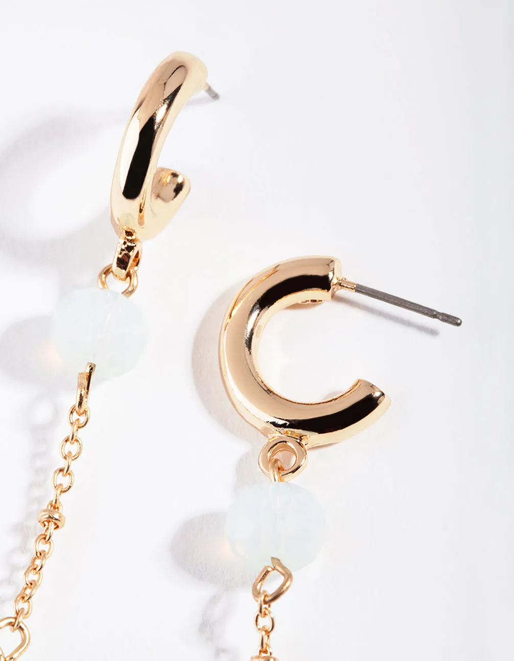 Gold Blue Triple Bead Huggie Earring