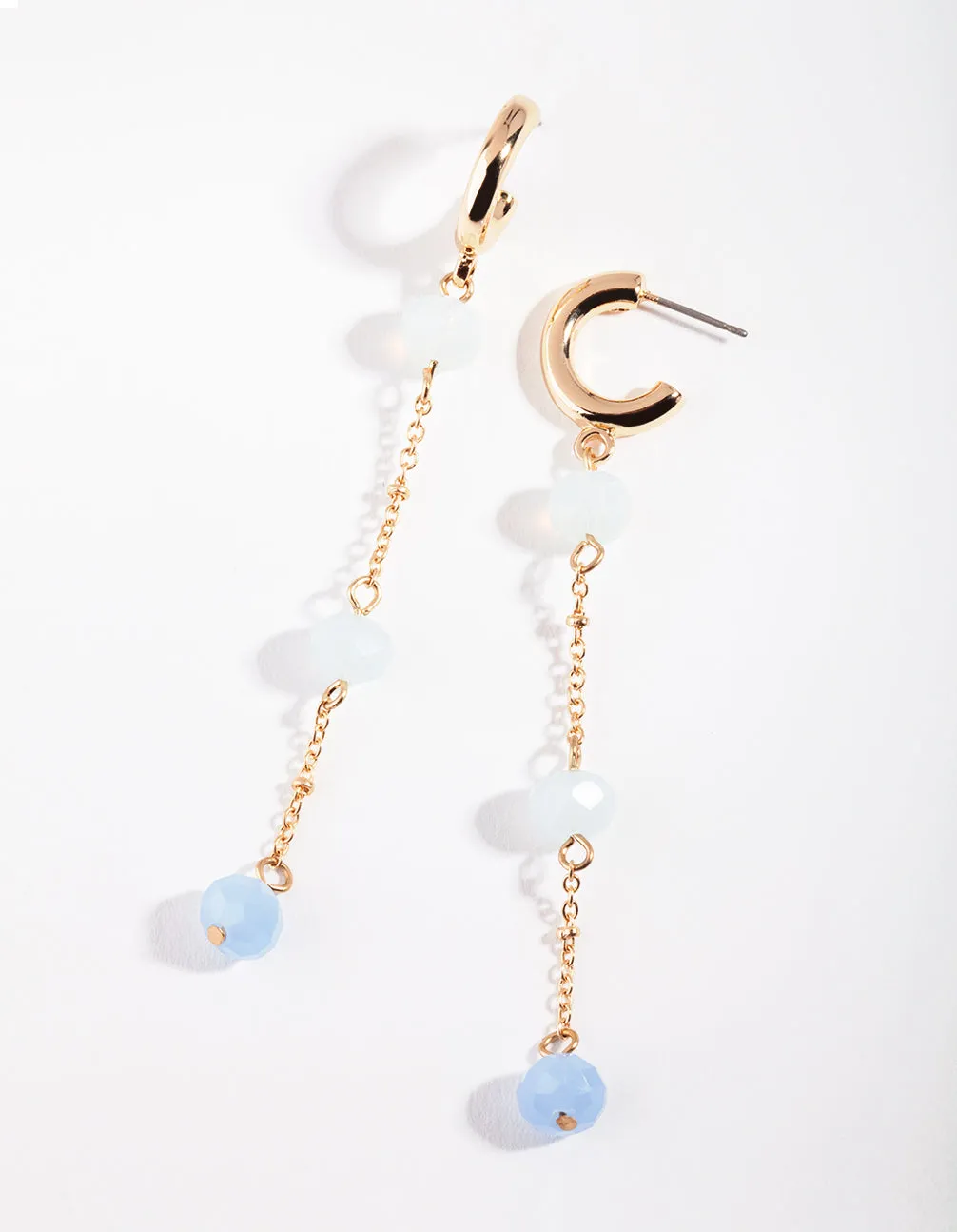 Gold Blue Triple Bead Huggie Earring