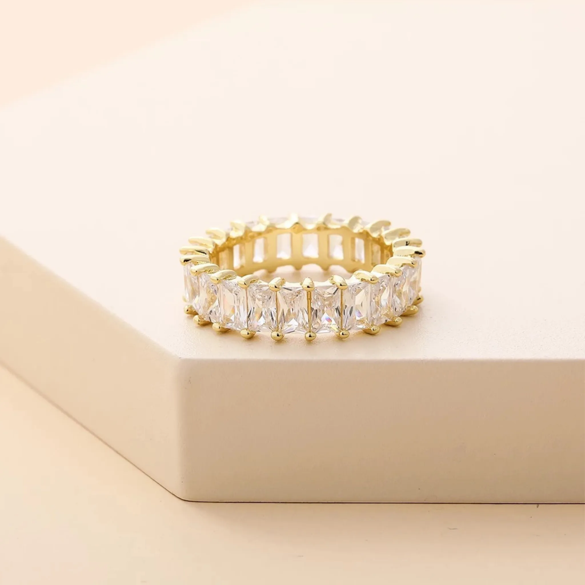 Gold Crystal Baguette Cut Eternity Band Ring