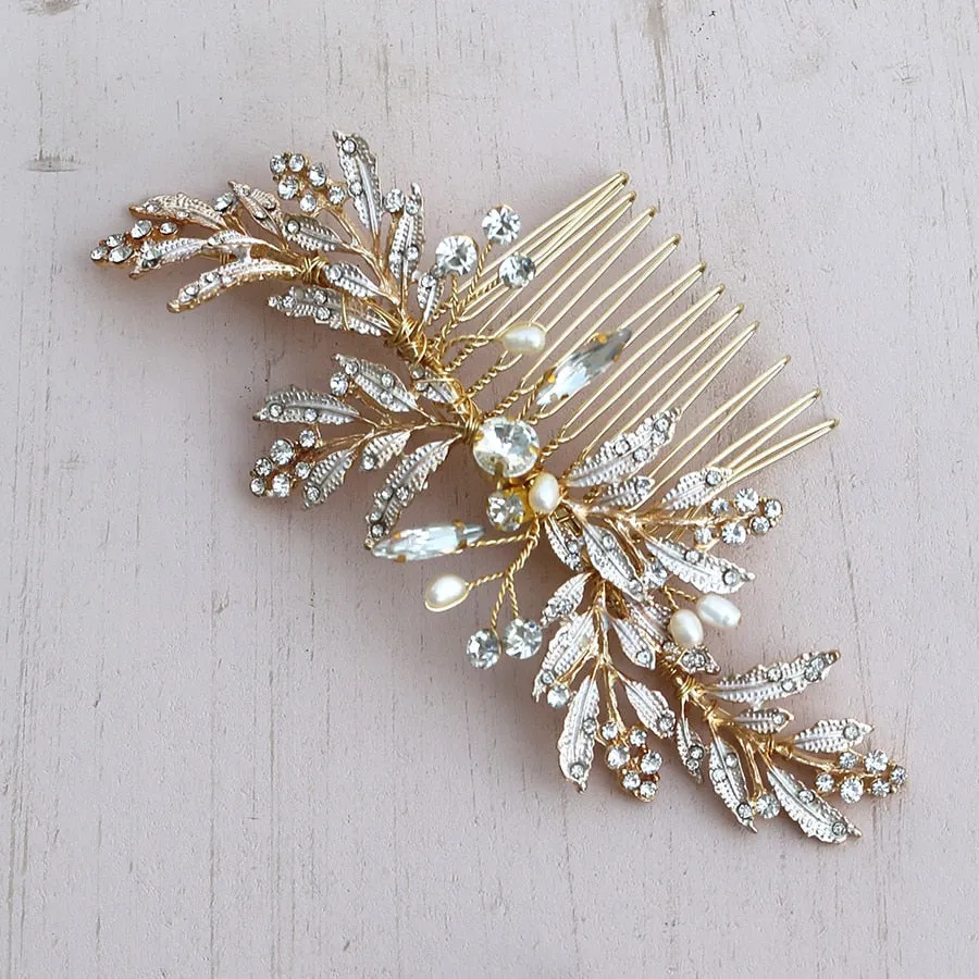 Gold Crystal Pearl Leaf Wedding Bridal Hair Comb