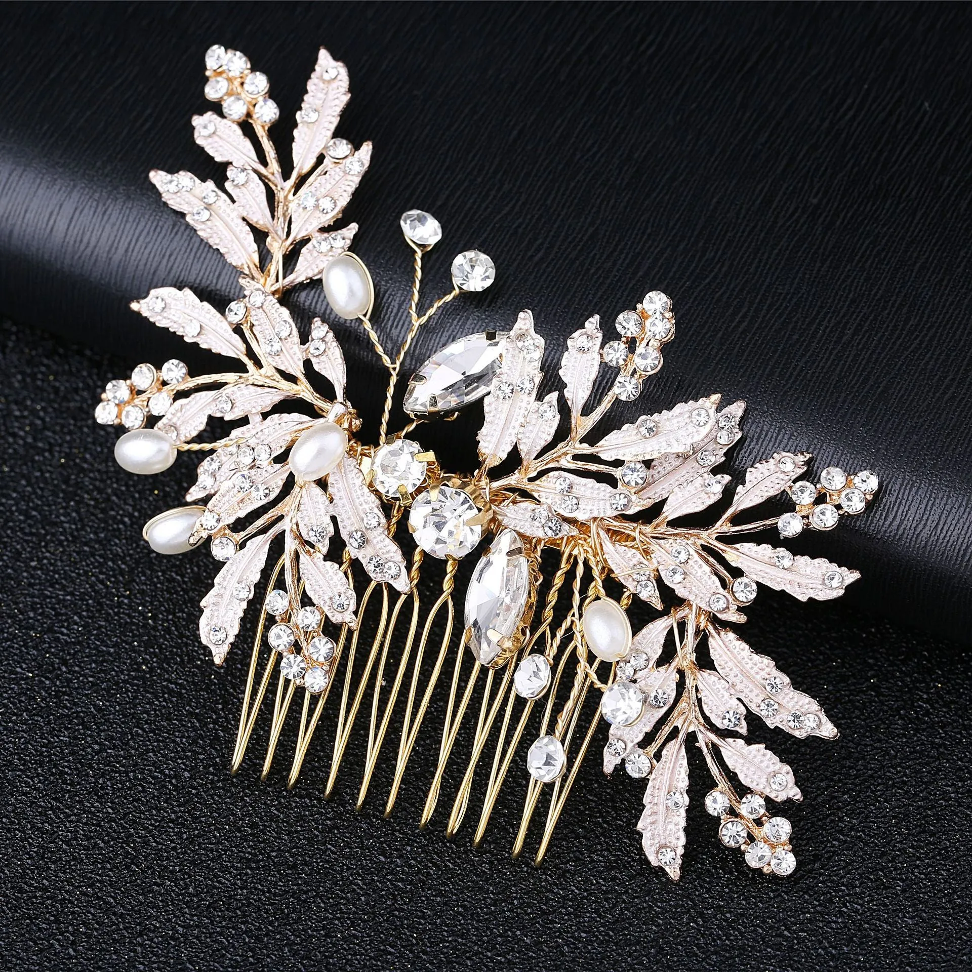 Gold Crystal Pearl Leaf Wedding Bridal Hair Comb