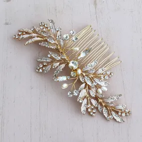 Gold Crystal Pearl Leaf Wedding Bridal Hair Comb