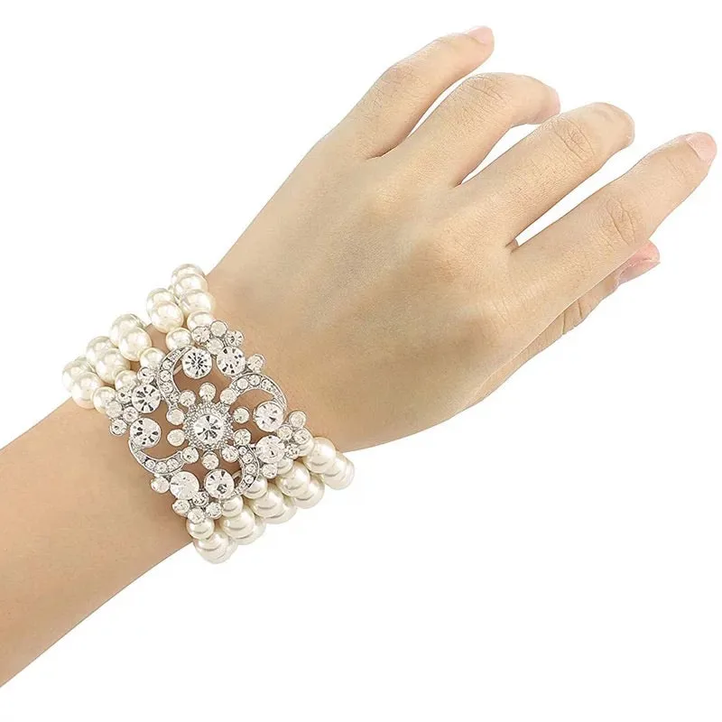 Great Gatsby 1920's Flapper Faux Pearl Bracelet - Silver (Style 2)