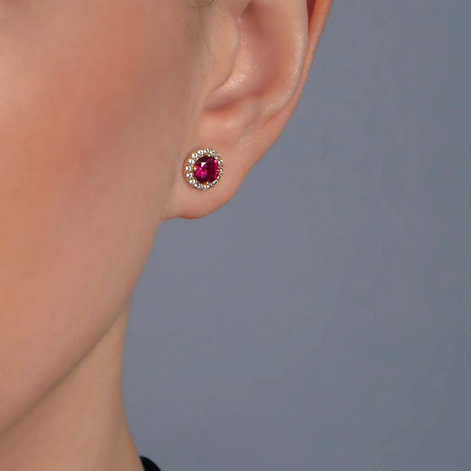 Jewelili 10K Yellow Gold with Round Created Ruby and Created White Sapphire Stud Earrings