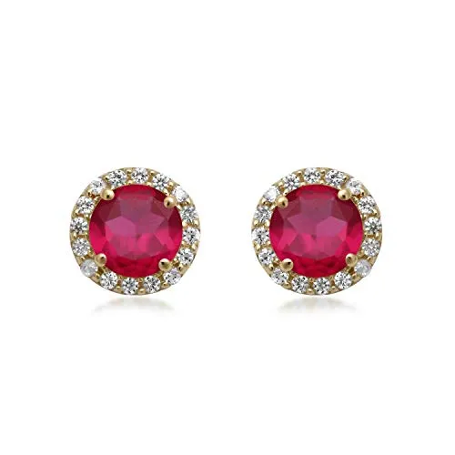 Jewelili 10K Yellow Gold with Round Created Ruby and Created White Sapphire Stud Earrings
